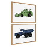 Two framed vintage toy vehicle illustrations: a green front loader above and a blue dump truck below, each with black wheels on white backgrounds.
