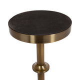 Round adjustable plant stand with a black top surface and antique brass finish metal base and stem, shown isolated on white background.
