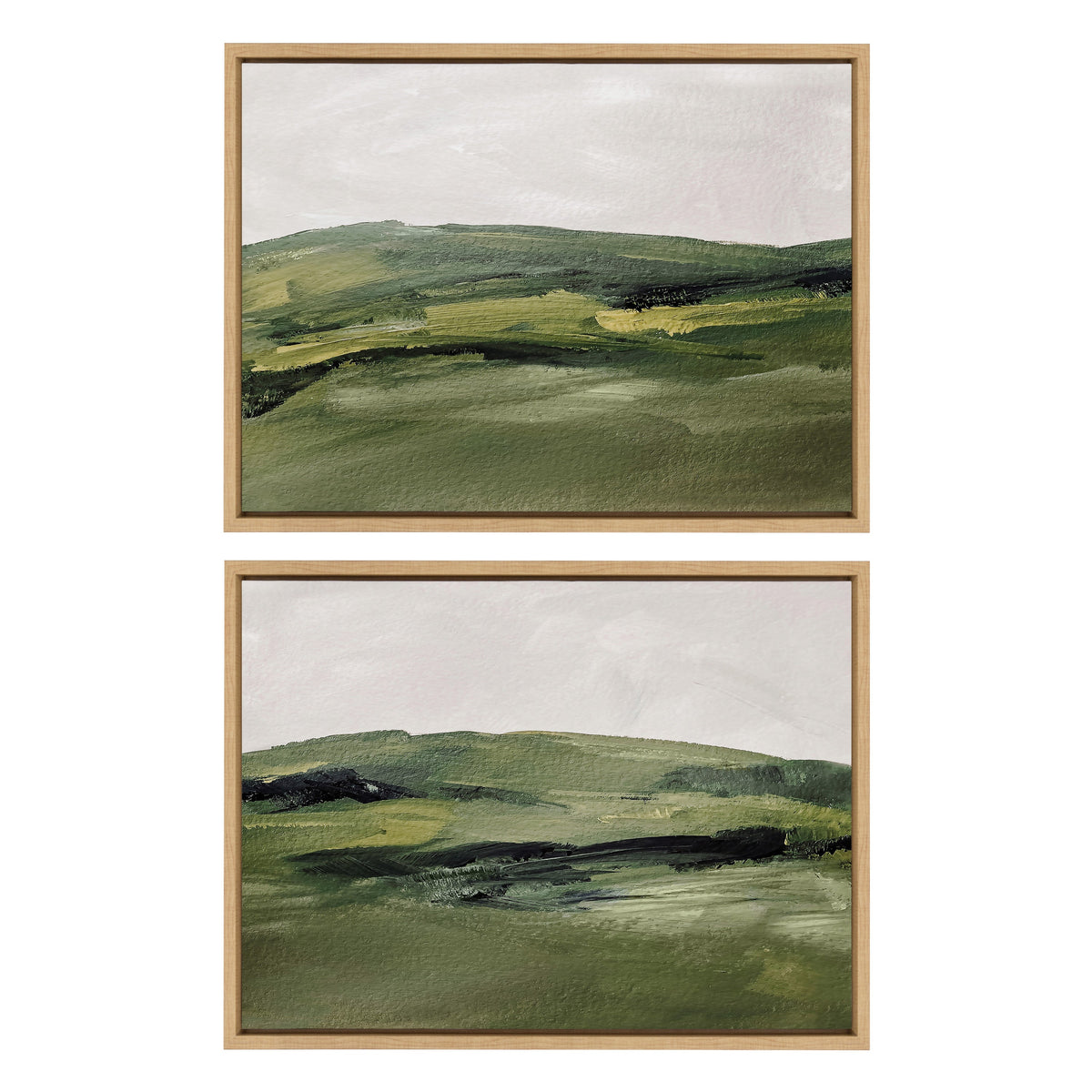 Two framed canvas paintings by Amy Lighthall depicting abstract green mountain landscapes with broad brushstrokes and muted gray skies, arranged vertically.