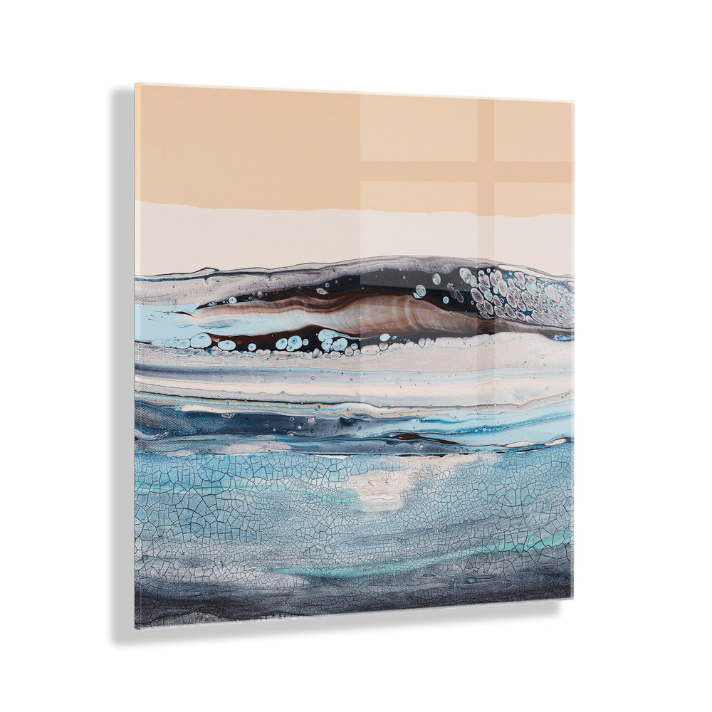 Glacier Park Floating Acrylic Art by Xizhou Xie showing abstract landscape with blue and earth tones on acrylic