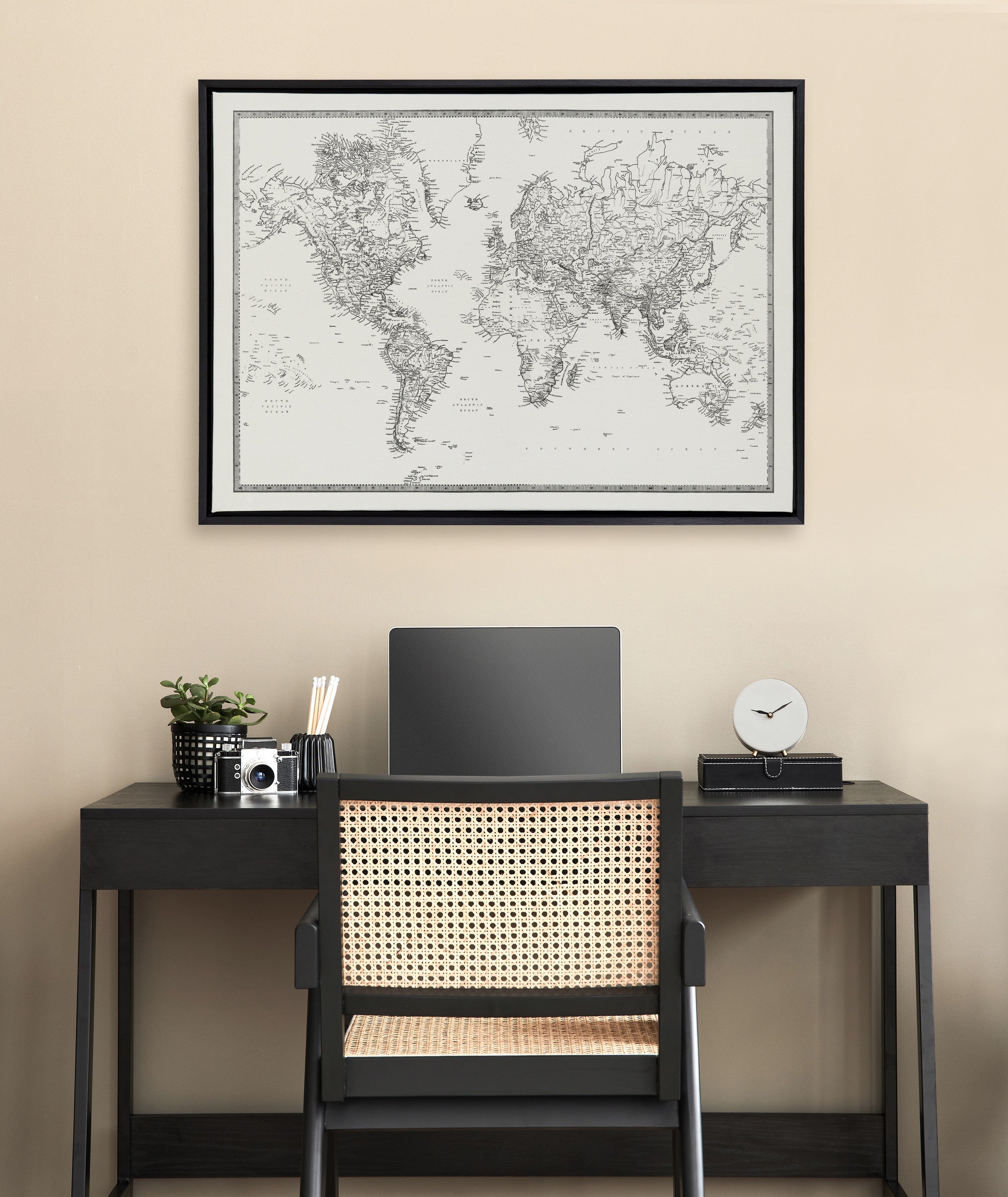 Sylvie Vintage Black and White World Map Framed Canvas by The Creative by kateandlaurel - product image 16 for Resin Society