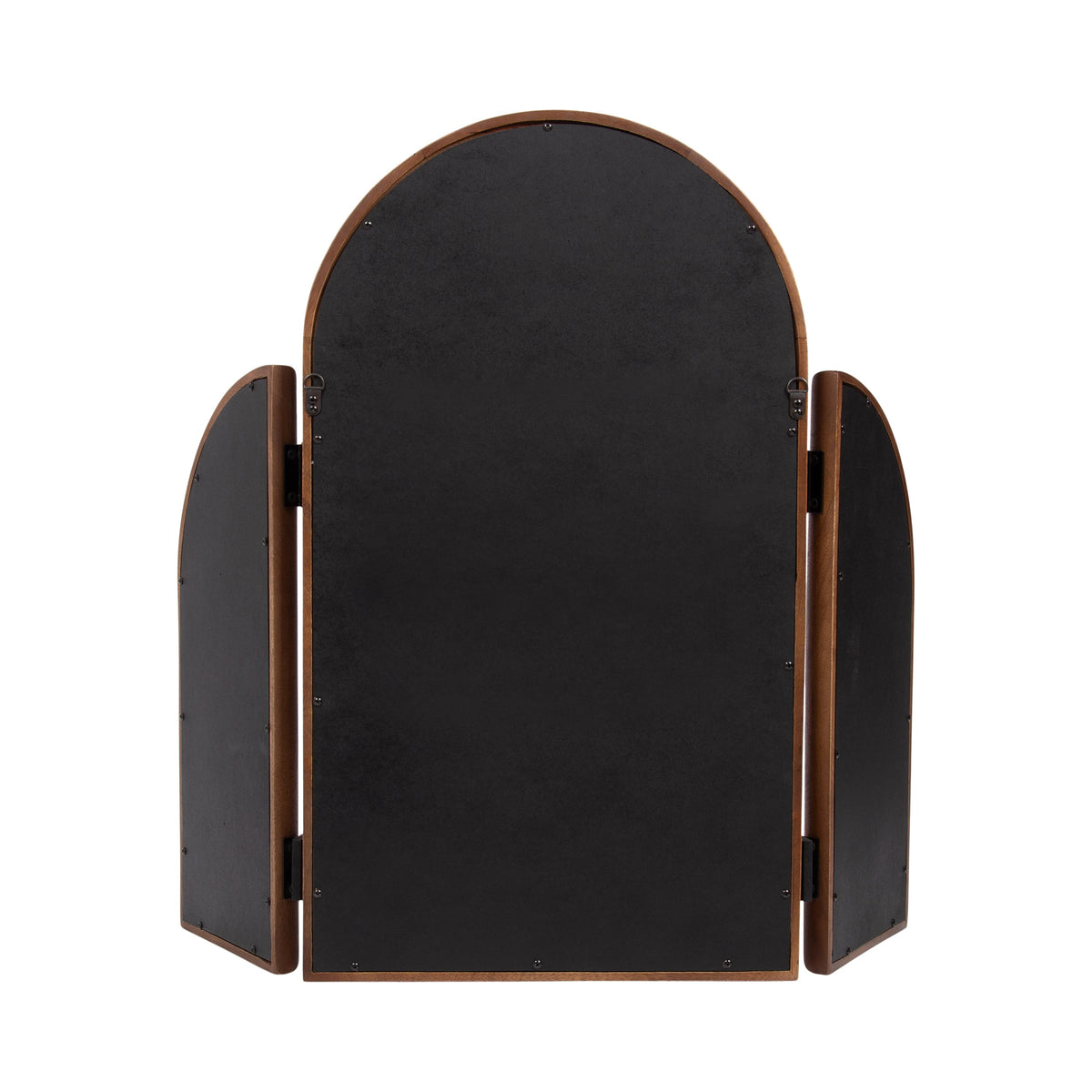 Back view of a tri-fold mirror with a central arched panel and two narrow side panels attached by hinges, featuring a wooden frame and black backing.