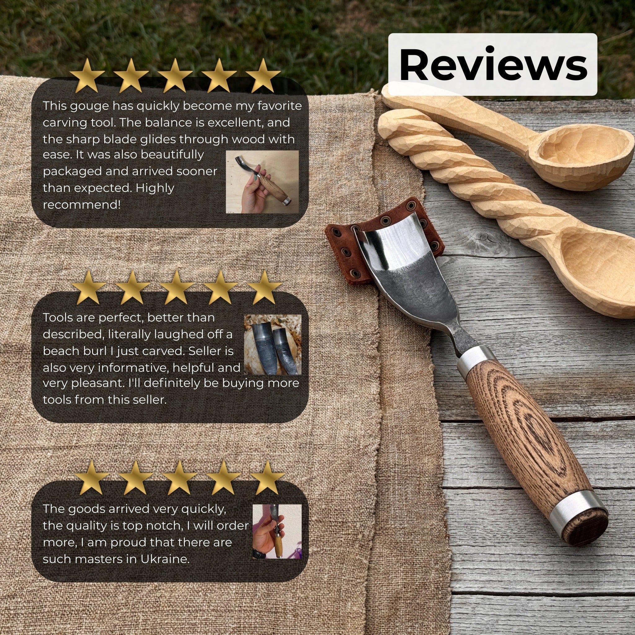 Hand-forged curved bowl gouge with ash wood handle for wood carving