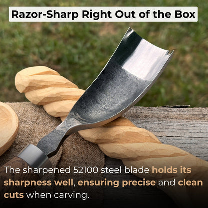 Hand-forged curved bowl gouge with ash wood handle for wood carving