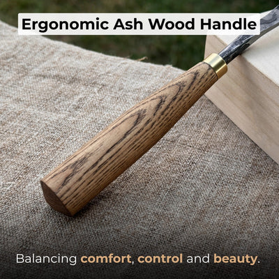 Curved Detail Carving Gouge with ash wood handle and high-carbon steel blade, available in 8 mm and 12 mm widths