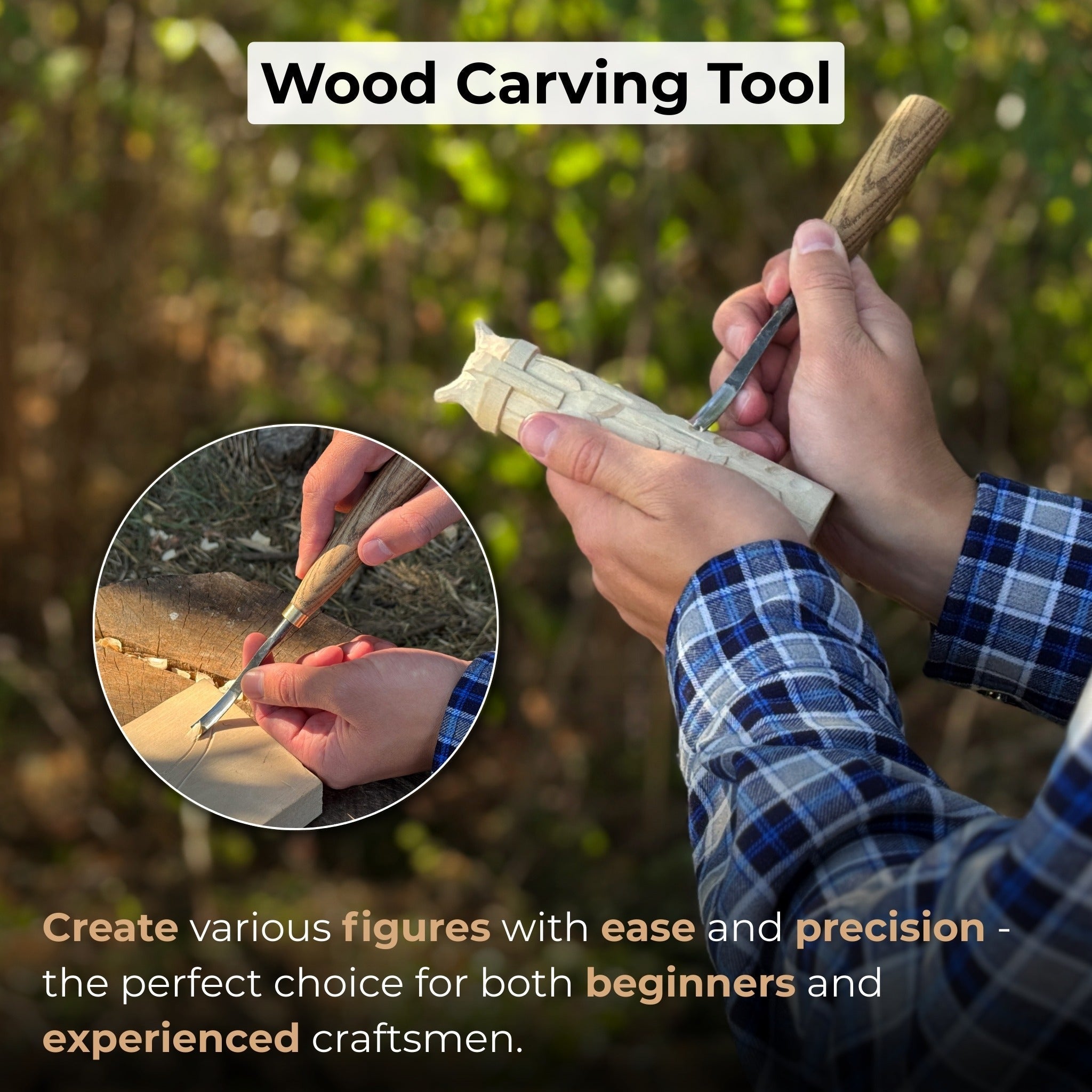 Curved Detail Carving Gouge with ash wood handle and high-carbon steel blade, available in 8 mm and 12 mm widths