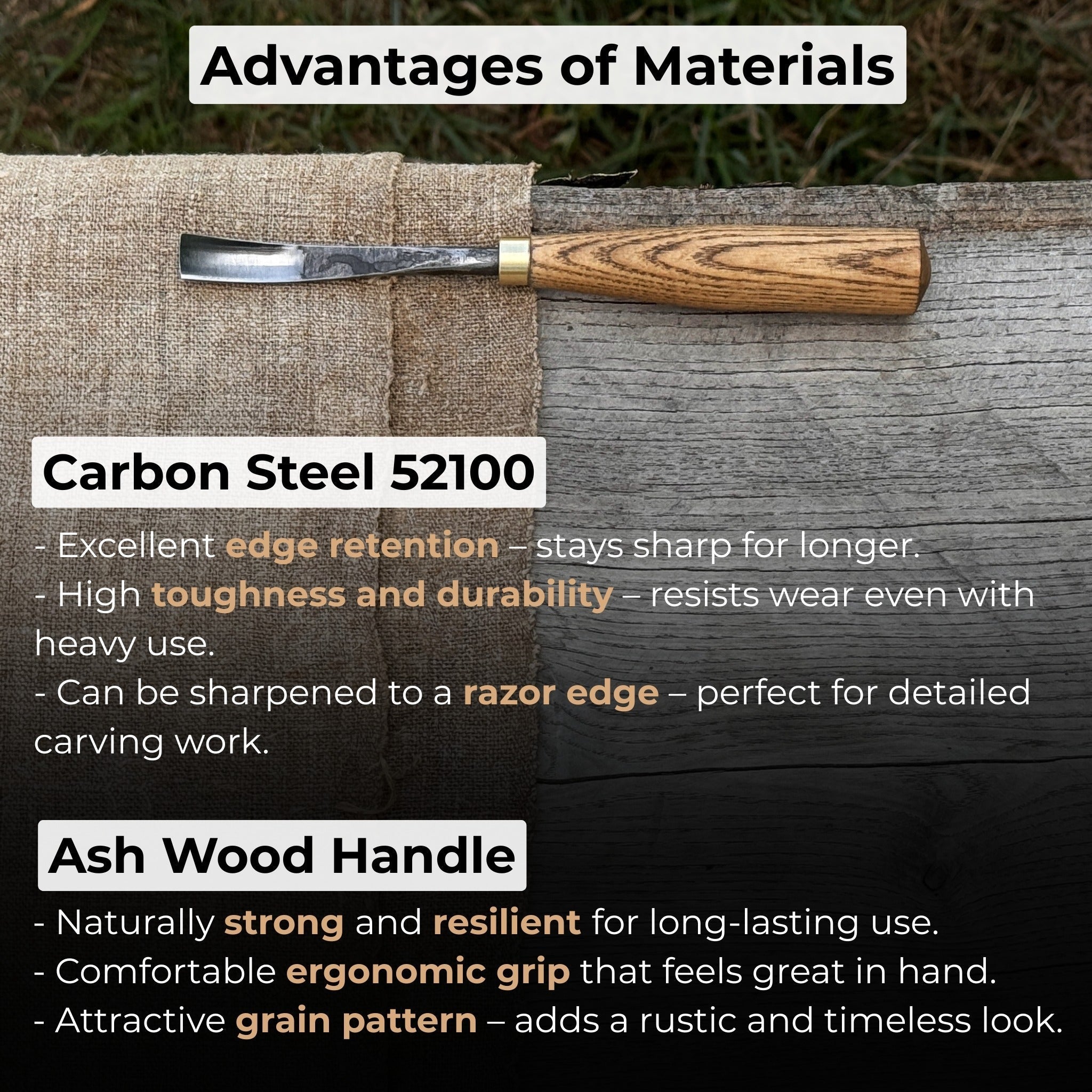 Curved Detail Carving Gouge with ash wood handle and high-carbon steel blade, available in 8 mm and 12 mm widths