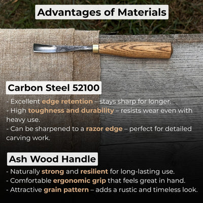 Curved Detail Carving Gouge with ash wood handle and high-carbon steel blade, available in 8 mm and 12 mm widths