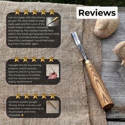 Curved Detail Carving Gouge with ash wood handle and high-carbon steel blade, available in 8 mm and 12 mm widths
