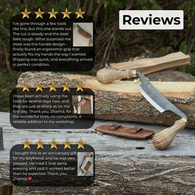 Curved draw knife with 10.5 cm cutting edge and ash wood handle by Sharky Forged Steel Tools