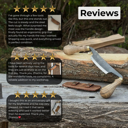 Curved draw knife with 10.5 cm cutting edge and ash wood handle by Sharky Forged Steel Tools