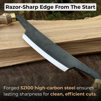 Curved draw knife with 10.5 cm cutting edge and ash wood handle by Sharky Forged Steel Tools
