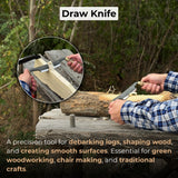 Curved draw knife with 10.5 cm cutting edge and ash wood handle by Sharky Forged Steel Tools