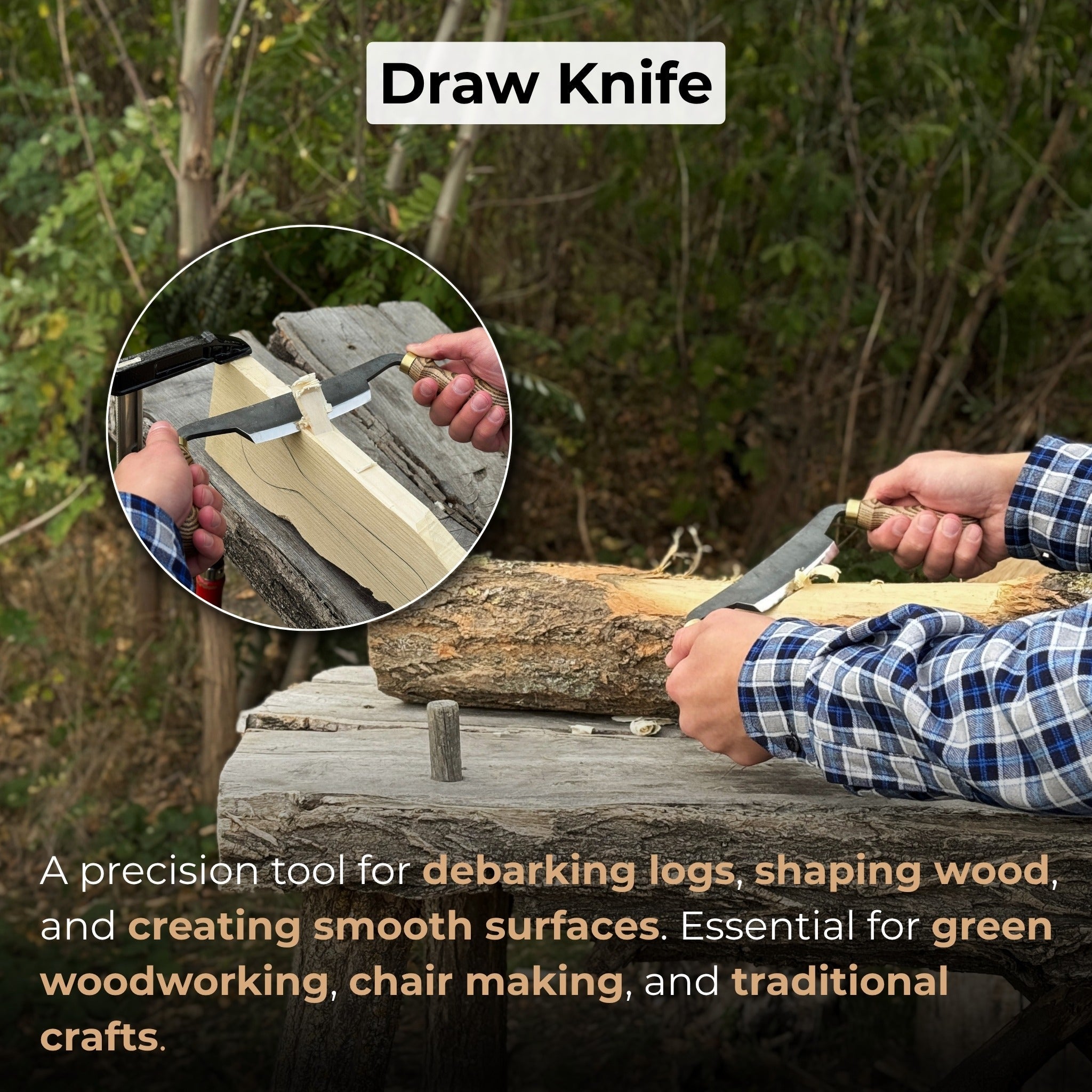 Curved draw knife with 10.5 cm cutting edge and ash wood handle by Sharky Forged Steel Tools