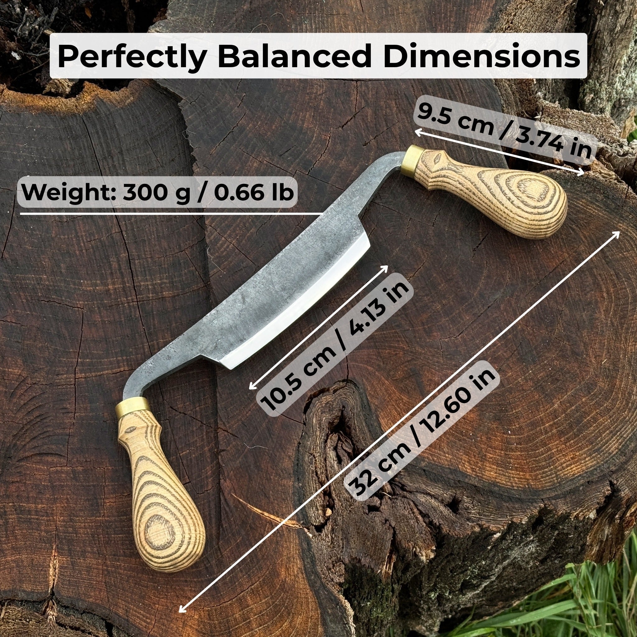 Curved draw knife with 10.5 cm cutting edge and ash wood handle by Sharky Forged Steel Tools