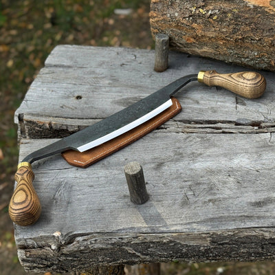 Curved Draw Knife with 14.5 cm cutting edge and ash wood handle by Sharky Forged Steel Tools
