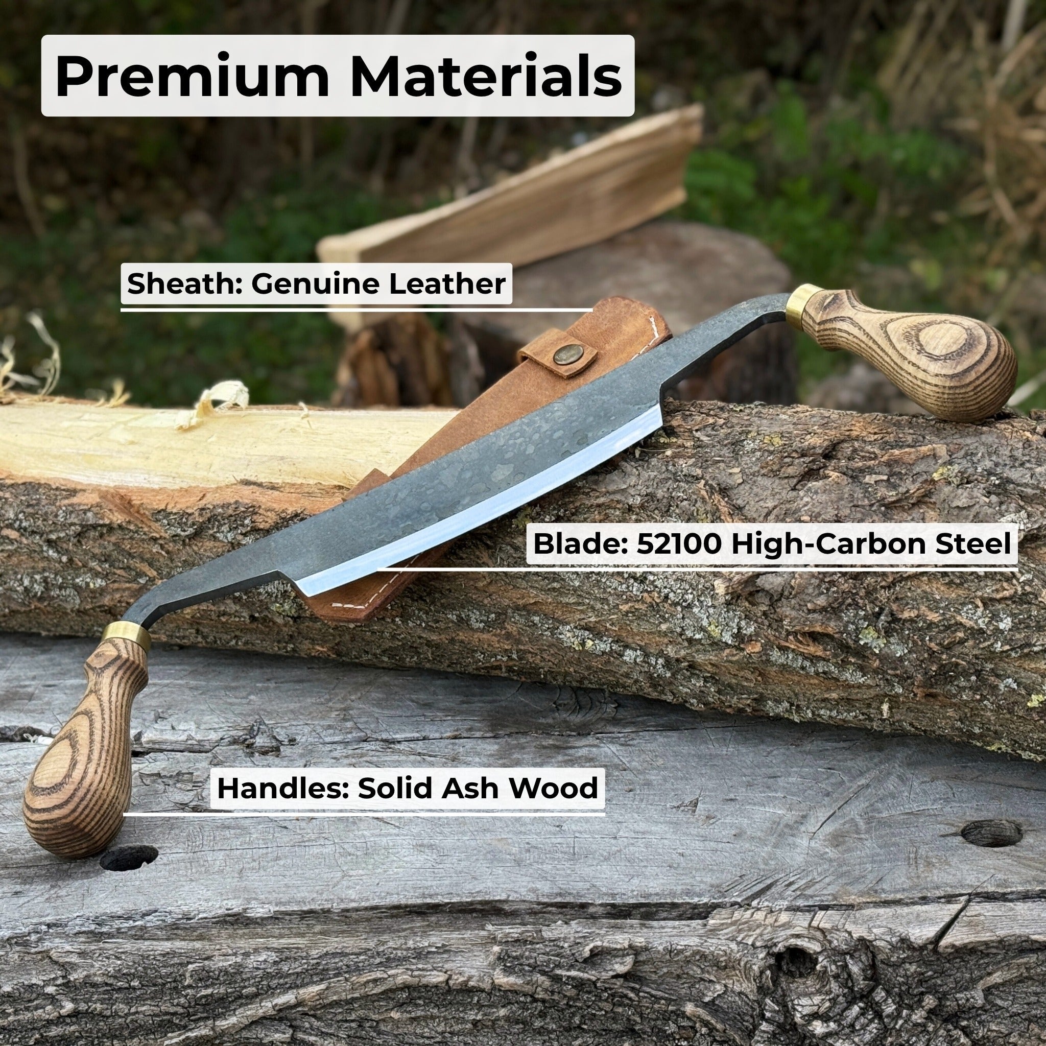 Curved Draw Knife with 14.5 cm cutting edge and ash wood handle by Sharky Forged Steel Tools