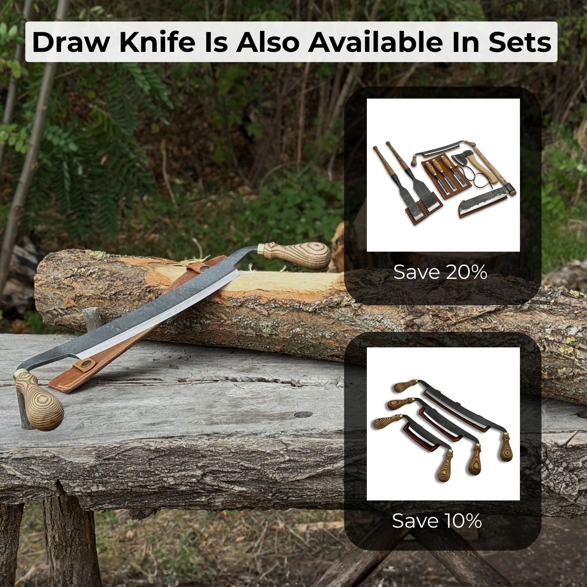 Hand-forged curved draw knife with 25.5 cm cutting edge and ergonomic ash handle