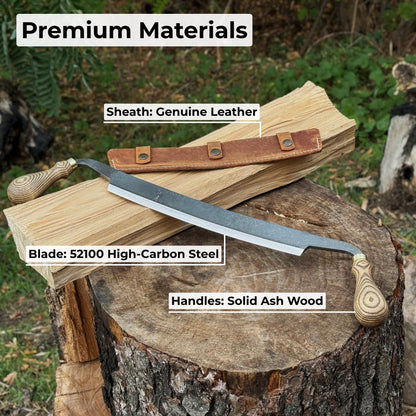 Hand-forged curved draw knife with 25.5 cm cutting edge and ergonomic ash handle