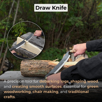 Hand-forged curved draw knife with 25.5 cm cutting edge and ergonomic ash handle