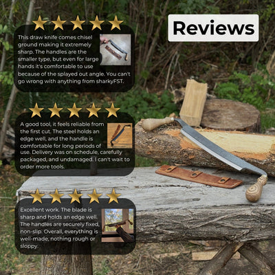 Hand-forged curved draw knife with 25.5 cm cutting edge and ergonomic ash handle