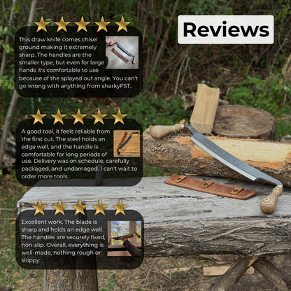 Hand-forged curved draw knife with 25.5 cm cutting edge and ergonomic ash handle