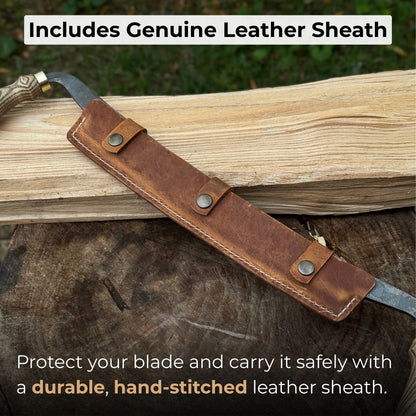 Hand-forged curved draw knife with 25.5 cm cutting edge and ergonomic ash handle