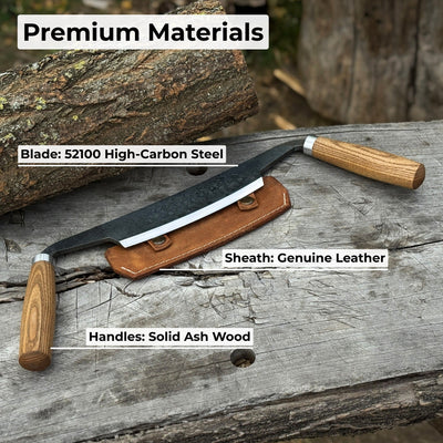 Curved Drawknife with wooden handles and leather sheath by Sharky Forged Steel Tools