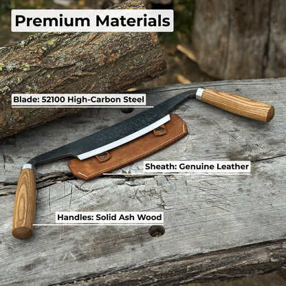 Curved Drawknife with wooden handles and leather sheath by Sharky Forged Steel Tools