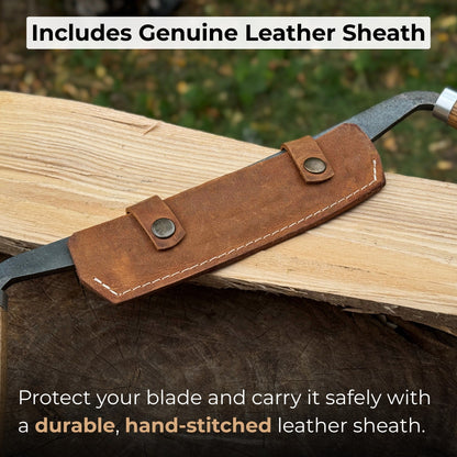 Curved Drawknife with wooden handles and leather sheath by Sharky Forged Steel Tools