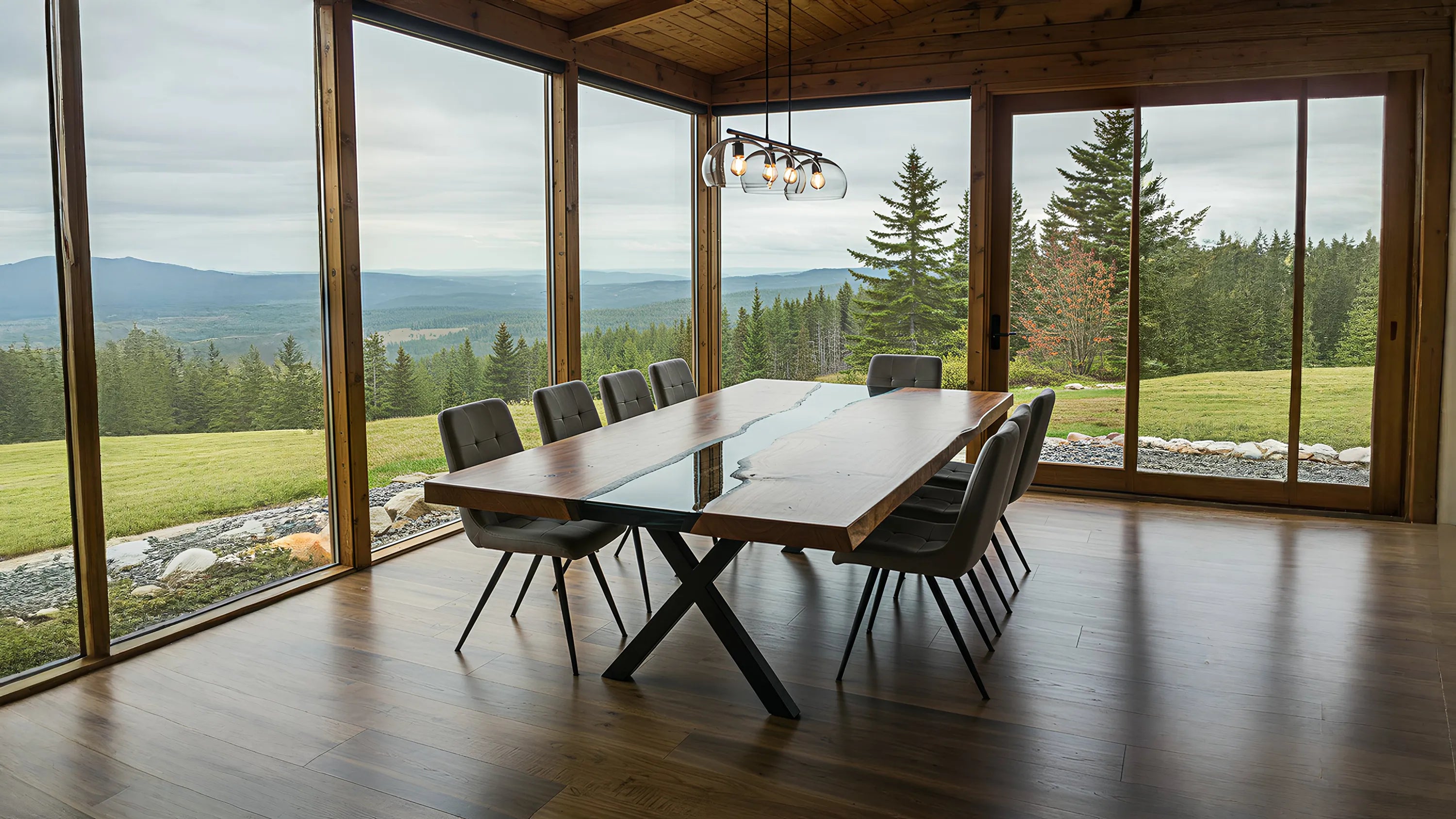 An epoxy resin dining table with black epoxy river, walnut wood, and x shaped metal legs in a luxury cabin dining room with cedar plank walls and a floor to ceiling windows overlooking the side of a mountain  The image taken looking at the front of the dining table.