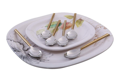 Vibhsa Golden Silverware Dessert Spoons Set of 6 with hammered texture on golden handles