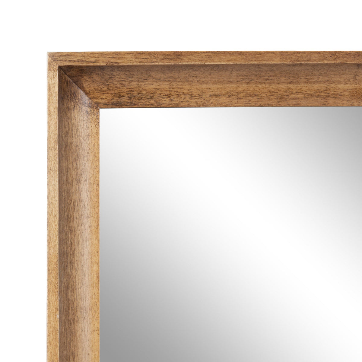 Close-up of top-left corner of rectangular wall mirror with thick, smooth natural wood frame in warm brown tones
