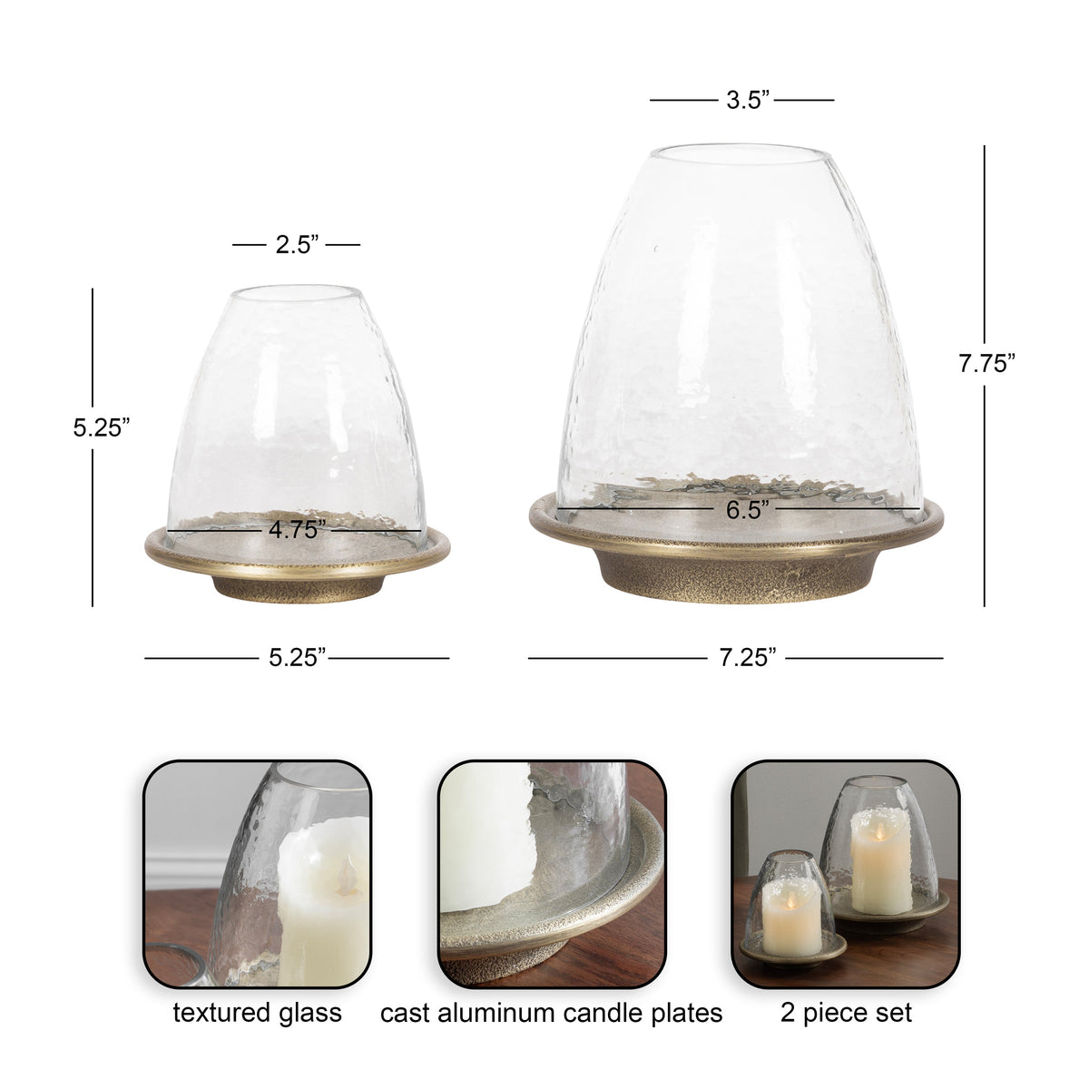 Two glass bell-shaped candle holders with textured glass on cast aluminum round plates, shown side by side with dimensions and candle inside.