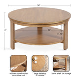 Round wooden coffee table with a warm natural finish, featuring a 34-inch diameter tabletop and a lower shelf for storage, supported by four legs.