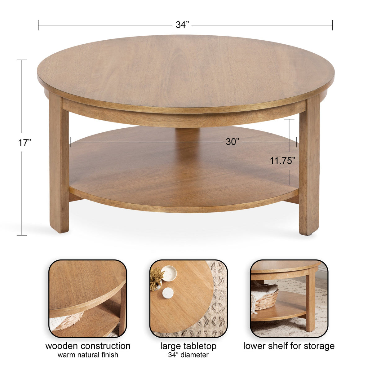 Round wooden coffee table with a warm natural finish, featuring a 34-inch diameter tabletop and a lower shelf for storage, supported by four legs.