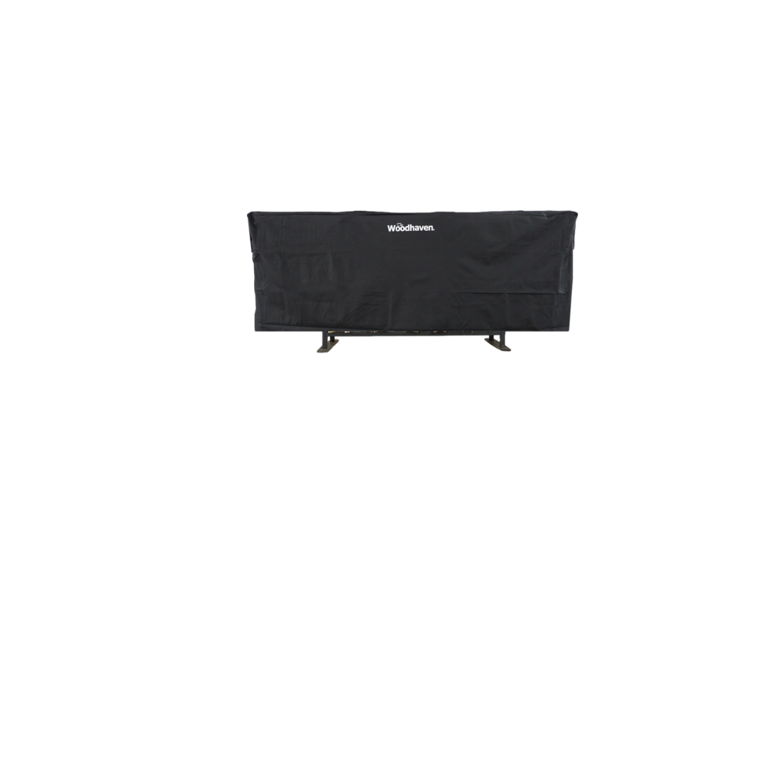 Woodhaven Full Firewood Rack Cover on firewood rack in outdoor setting