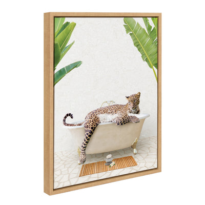 Sylvie Leopard in Bali Bath artwork showing a leopard bathing on framed canvas