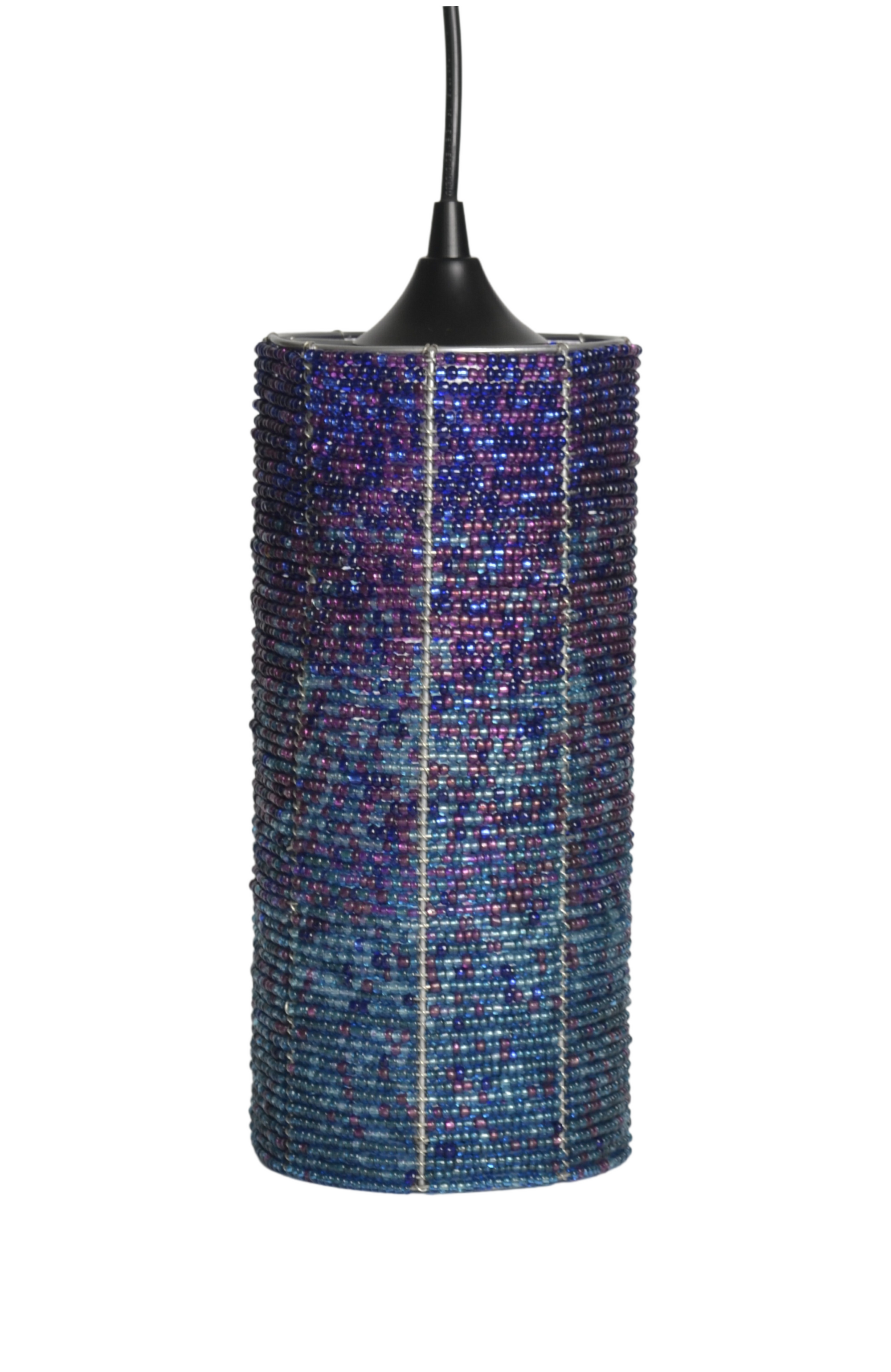 Blue Cylinder Pendant Light hanging with deep blue glass and acrylic beads