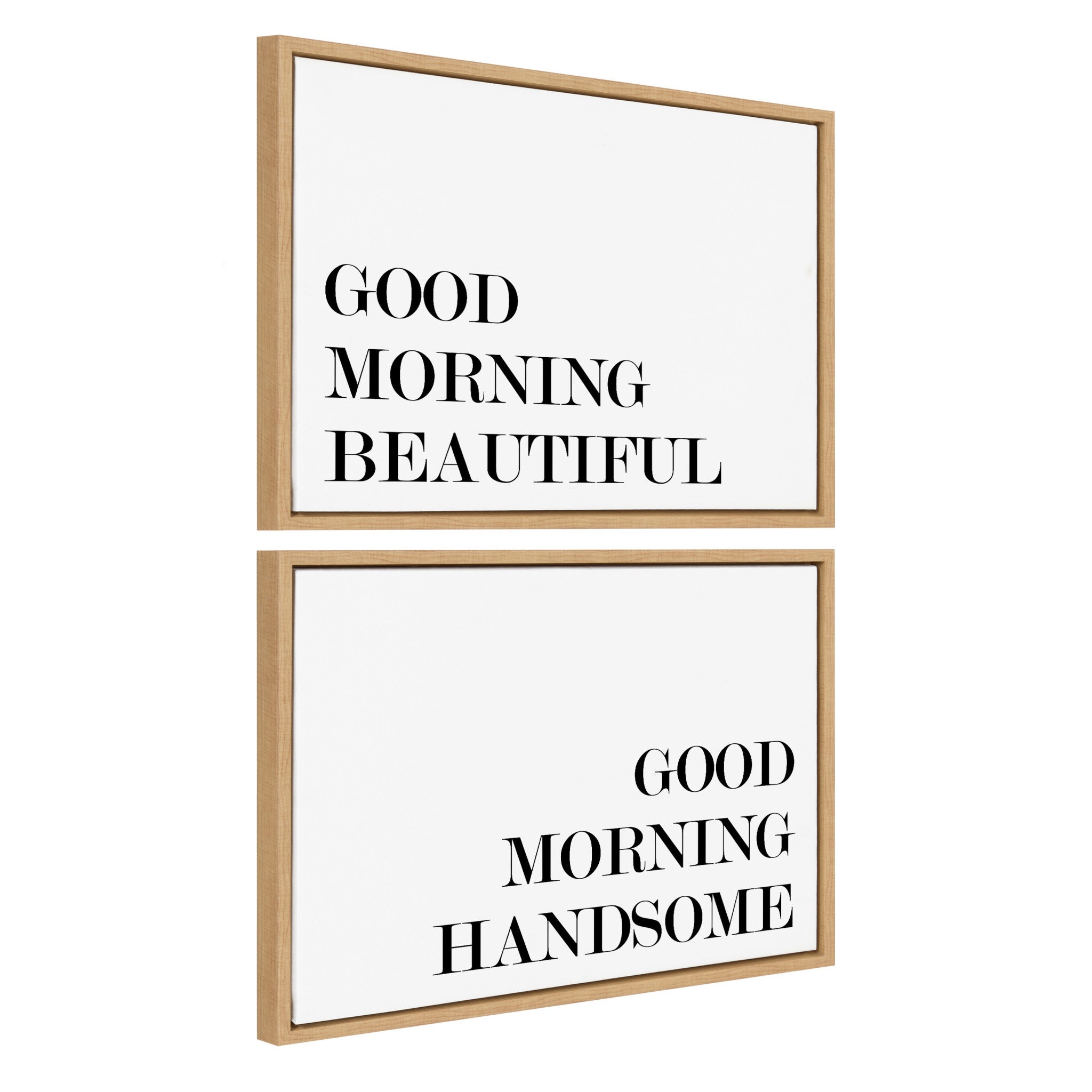Framed floating canvas art set with text 'Good Morning Beautiful' and 'Good Morning Handsome' displayed side by side