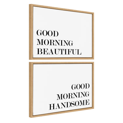 Framed floating canvas art set with text 'Good Morning Beautiful' and 'Good Morning Handsome' displayed side by side