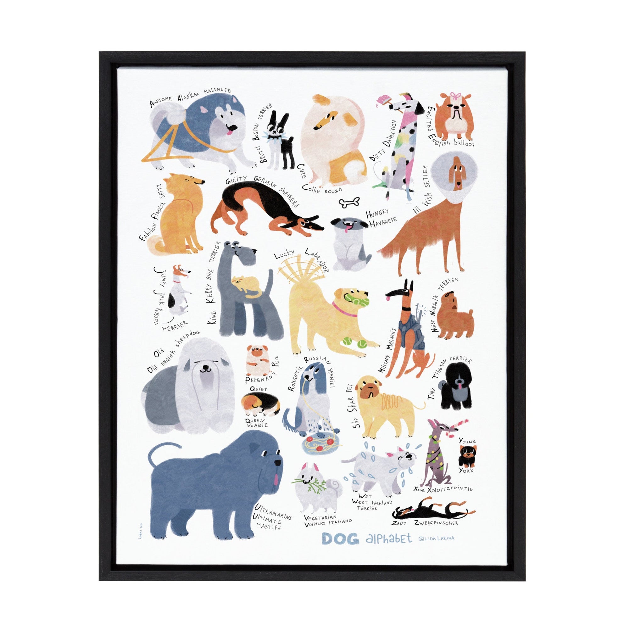 Sylvie Dog Alphabet Framed Canvas by Lida Larina by kateandlaurel - main product image for Resin Society