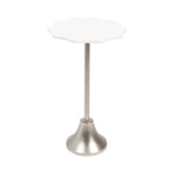 Tall side table with a white scalloped marble top and a brushed metal pedestal base