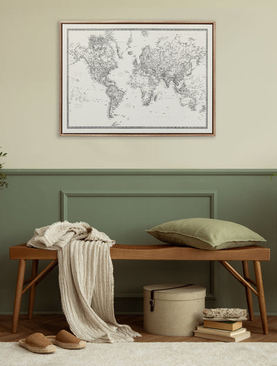 Sylvie Beaded Vintage Black and White World Map Framed Canvas by The Creative Bunch Studio