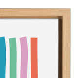 Close-up of framed canvas corner showing four vertical, slightly curved lines in teal, green, pink, and orange on white background within a light wood frame.