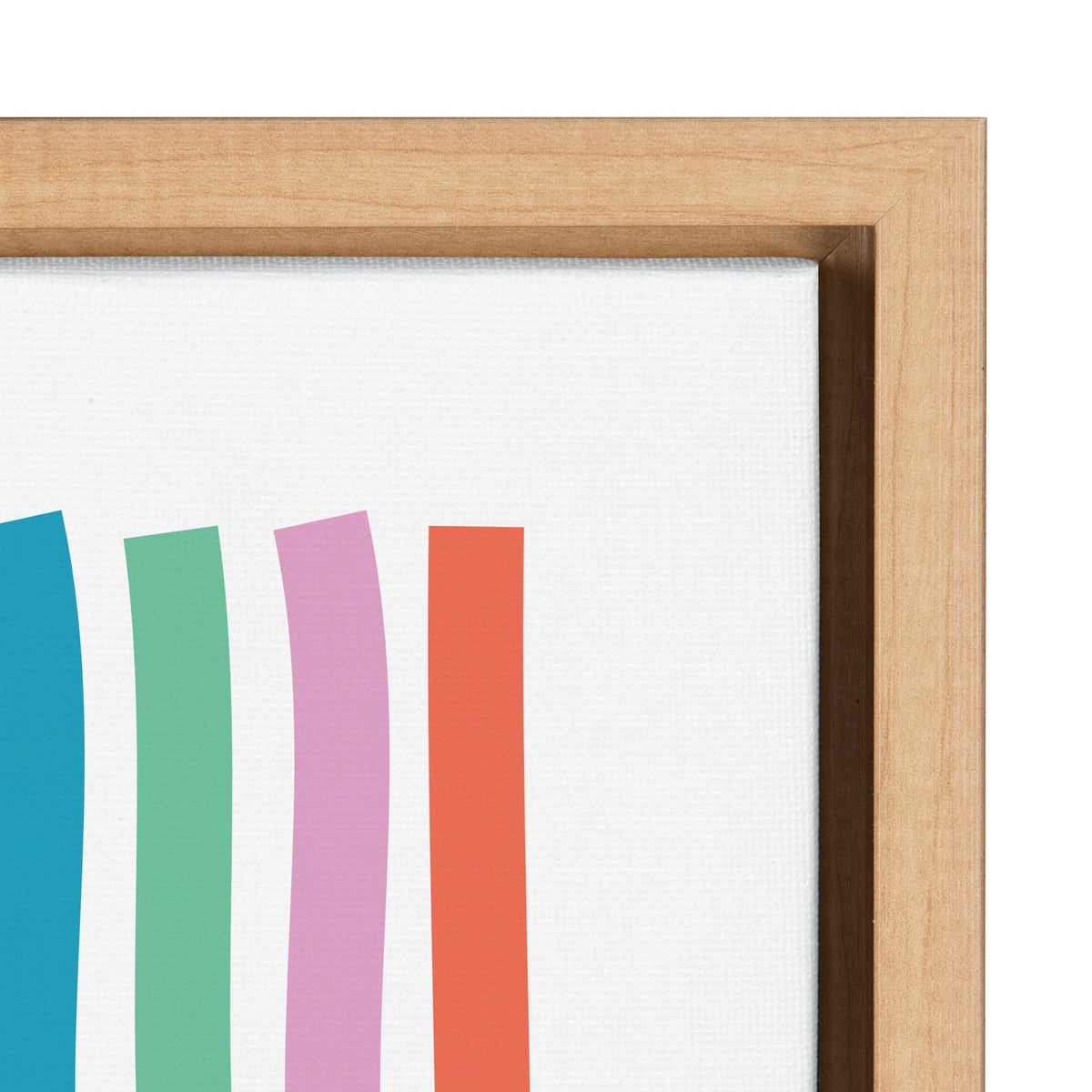 Close-up of framed canvas corner showing four vertical, slightly curved lines in teal, green, pink, and orange on white background within a light wood frame.