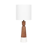 Table lamp with a tapered wooden base featuring a white marble bottom section and a cylindrical white fabric shade