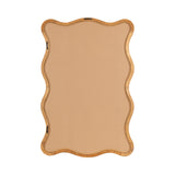 Rectangular mirror with a wavy scalloped frame made of light natural rattan, featuring a smooth beige backing inside the frame