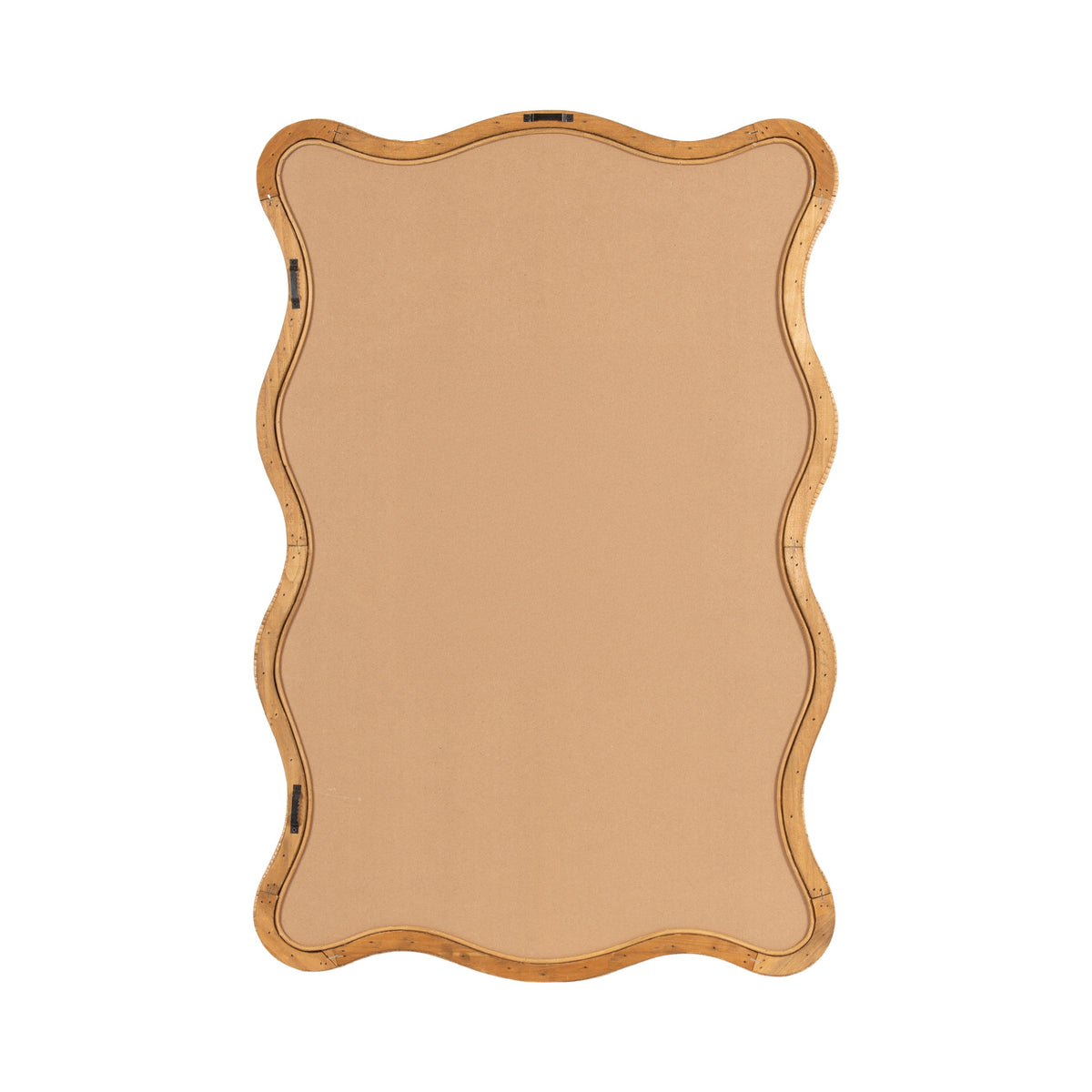 Rectangular mirror with a wavy scalloped frame made of light natural rattan, featuring a smooth beige backing inside the frame