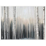 Canvas artwork depicting a serene birch tree forest with white bark and black markings, fading into a soft, misty background of muted gray and beige hues.